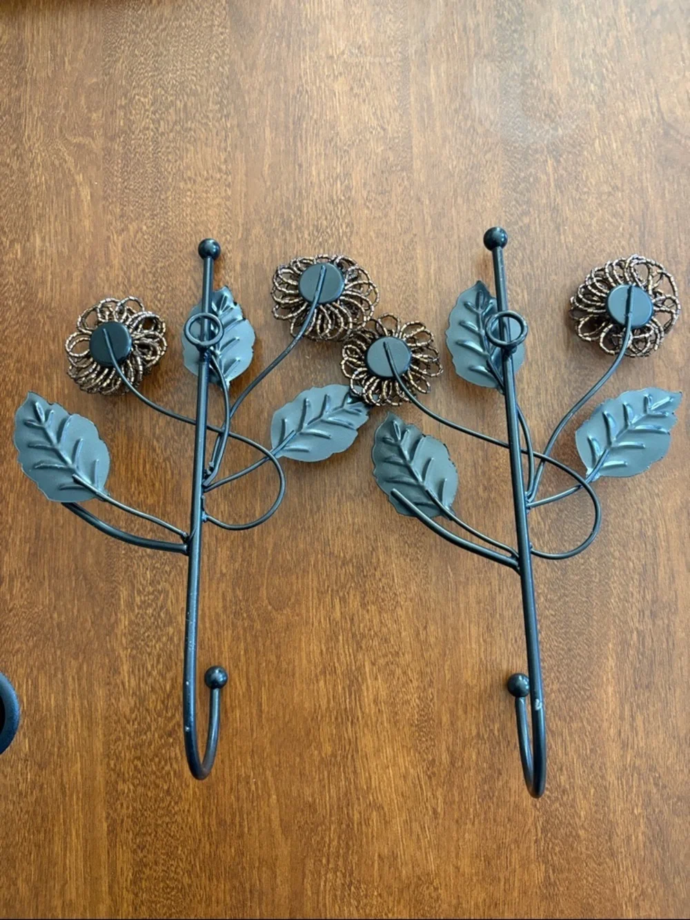 Metal Floral Wall Hooks in Bronze Finish - Set of 2